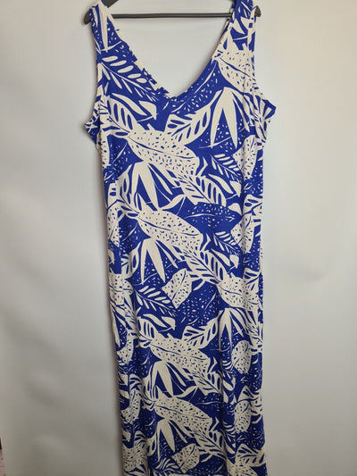 Blue And White Leaf Design Sleeveless V Neck Dress Size 14 **** V245