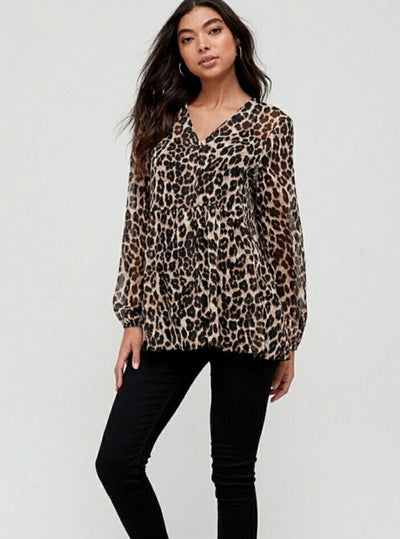 Button Through Drop Hem Blouse Animal Print Uk12****Ref V415