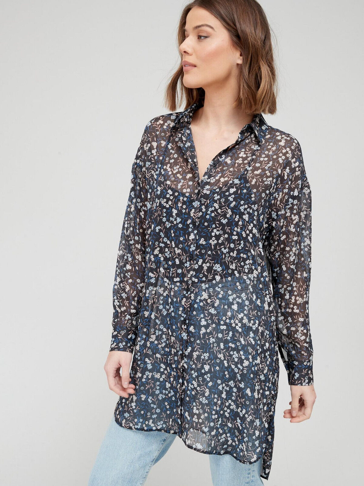 Womens Longline Printed Shirt – Blue. UK14. V203