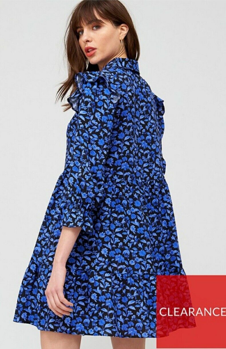 Button Through Shirt Dress Blue Floral Uk16****Ref V467