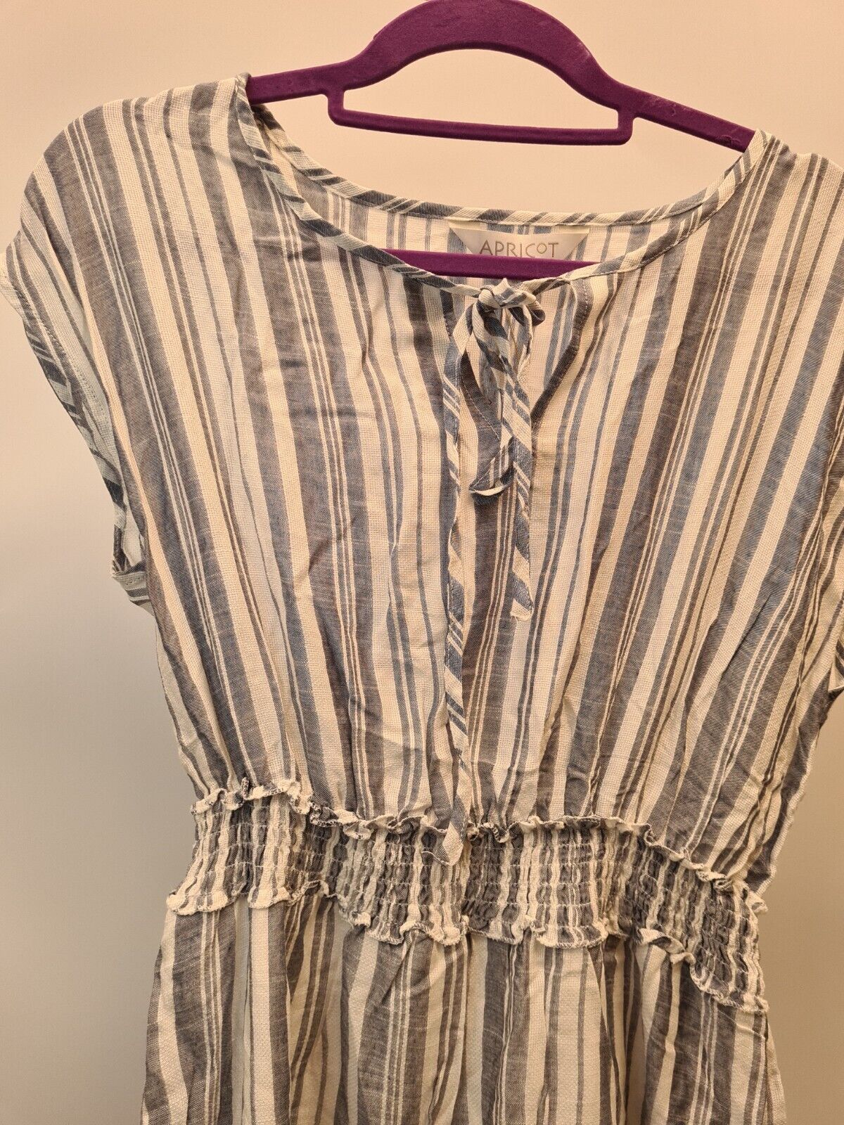 Apricot Stripe Shirred Waist Ruffle Dress Size UK 16 **** V80