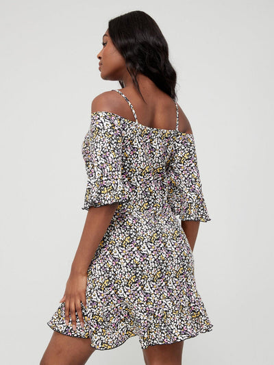 Cold Shoulder Mini Beach Dress - Floral Print. UK 14. V73