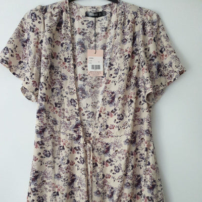 Missguided lilac Floral print midi high low puff sleeve dress Uk14****Ref V26